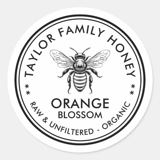 Orange Blossom honey label with honey bee (Front)