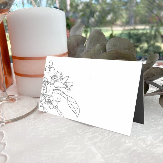 Orange blossom sketch mono grey white wedding place card (Creator Uploaded)