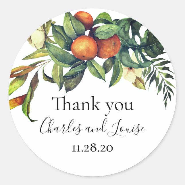 Orange Blossom Wedding Thank You Favour Classic Ro Round Sticker (Front)