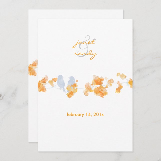 Orange blossoms and  love birds 5x7 invitations (Front/Back)