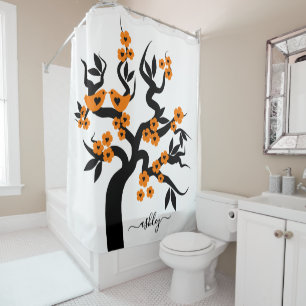 Orange blossoms Love birds sakura cherry tree Shower Curtain