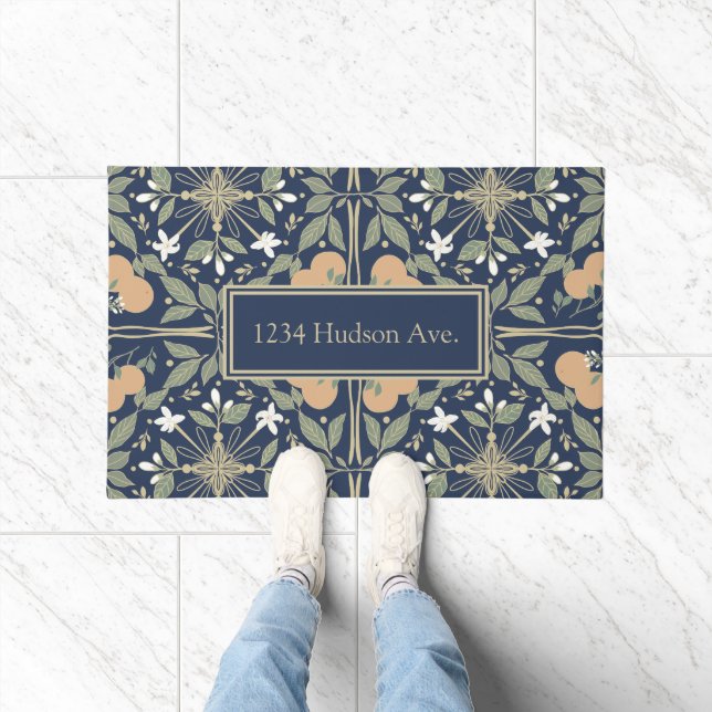Orange Blossoms Midnight Blue Pattern Address Doormat (Indoor)