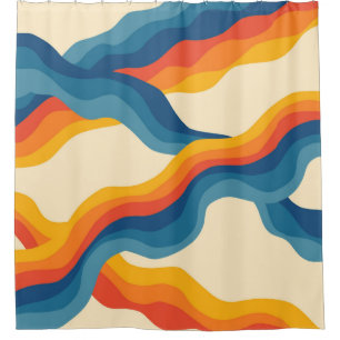 Orange Blue Abstract Retro Wavy Stripe Bold Modern Shower Curtain