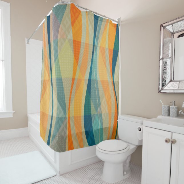 Orange Blue And Beige Abstract Stripes Shower Curtain (In Situ)