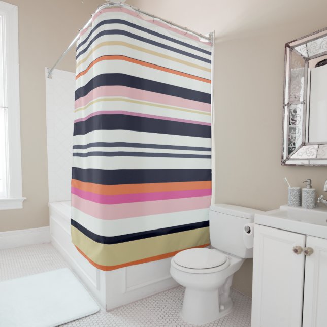 Orange, Blue and Pink Stripes Shower Curtain (In Situ)