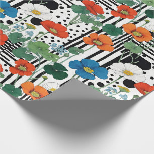 Orange Blue And White Flowers With Black And White Wrapping Paper