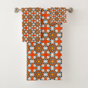 Orange, blue and white geometric mandala bath towel set