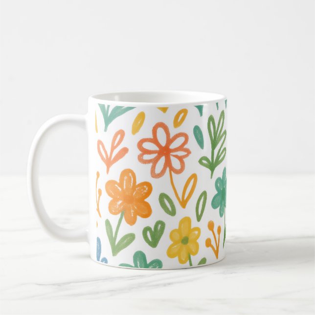 Orange Blue And Yellow Illustrated Floral Pattern Coffee Mug (Left)