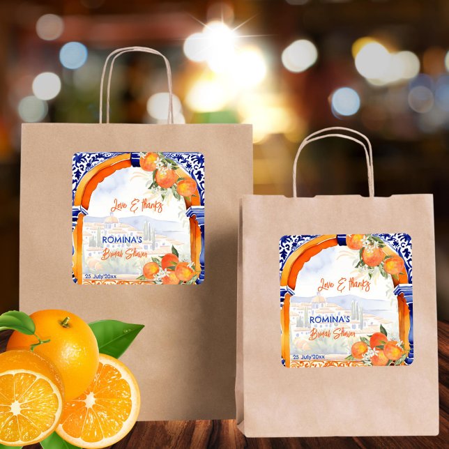 Orange blue azulejo Spanish bridal shower favour Square Sticker (Orange blue azulejo citrus summer Spanish bridal shower thank you favor Sticker template)