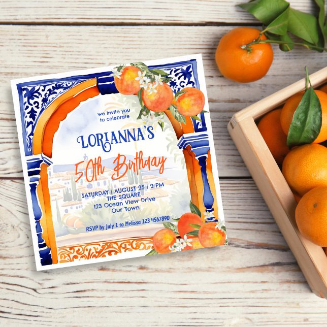 Orange blue azulejo Spanish themed birthday Invitation (Orange blue azulejo talavera tiles Spanish citrus oranges themed birthday Invitation template)