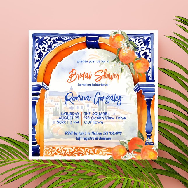 Orange blue azulejo talavera tiles bridal shower invitation (Orange blue azulejo talavera Spanish Mexican tiles citrus  bridal shower invitation template)