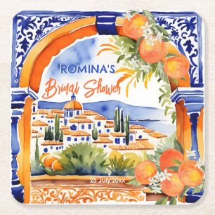 Orange blue azulejo talavera tiles bridal shower square paper coaster