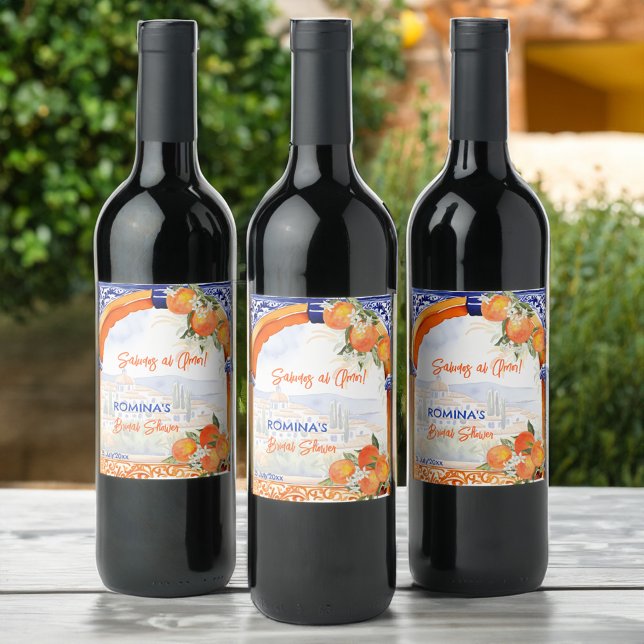 Orange blue azulejo talavera tiles bridal shower wine label (Orange blue azulejo talavera Spanish tiles citrus summer bridal shower favors printed wine labels)