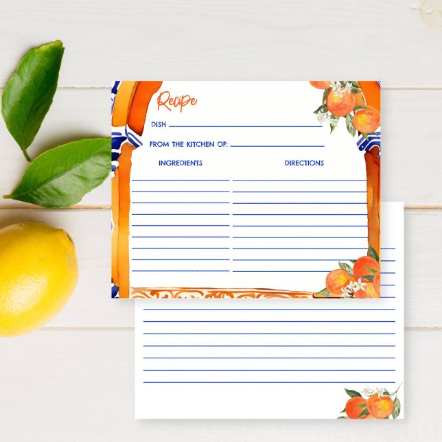 Orange blue azulejo talavera tiles recipe card (Orange blue azulejo talavera tiles recipe card Spanish citrus oranges bridal shower recipe card)