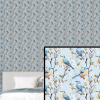 Orange & Blue Birds with Blossoms on Pale Blue    