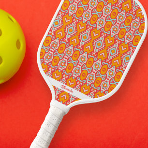 Orange Blue Boho Ikat Pattern Personalised Text Pickleball Paddle