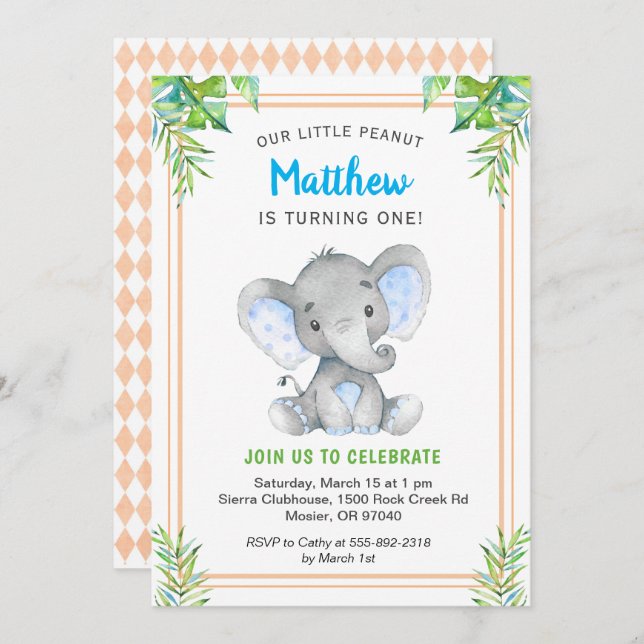 Orange Blue Boy Elephant Birthday Little Gentleman Invitation (Front/Back)