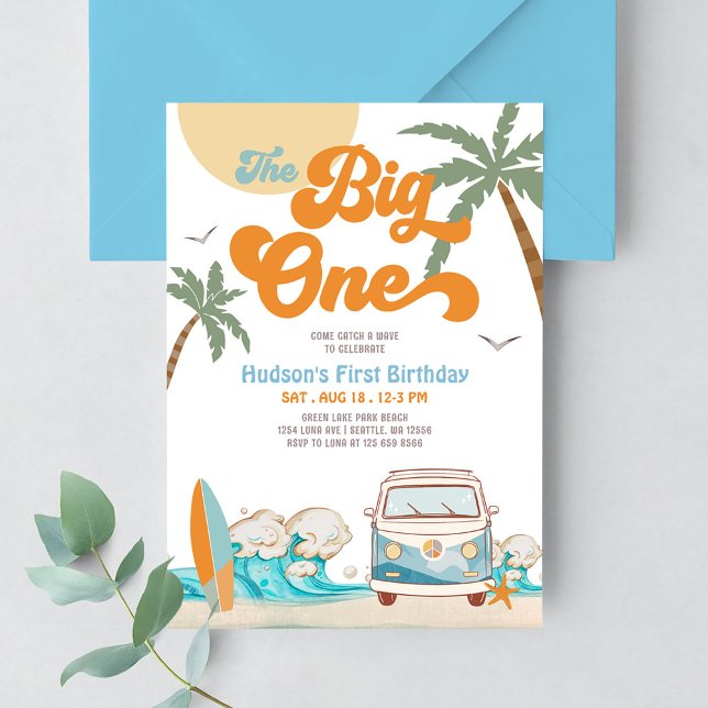 Orange Blue Boy The Big One Surf 1st Birthday Invitation (Creator Uploaded)