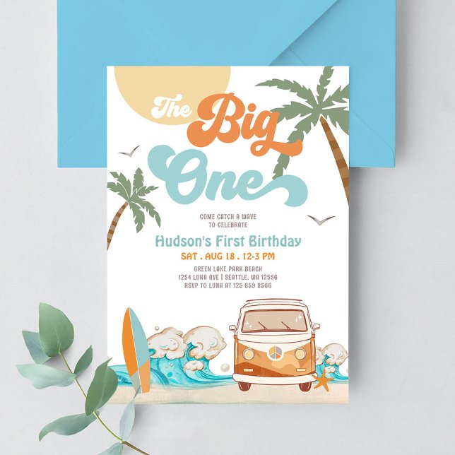 Orange Blue Boy The Big One Surf 1st Birthday Invitation (Creator Uploaded)