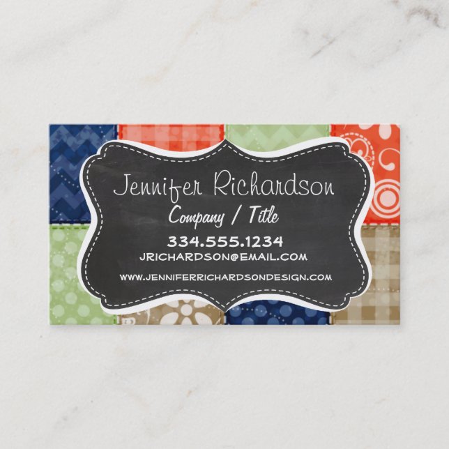 Orange, Blue, Brown and Sage Green Patchwork look Business Card (Front)