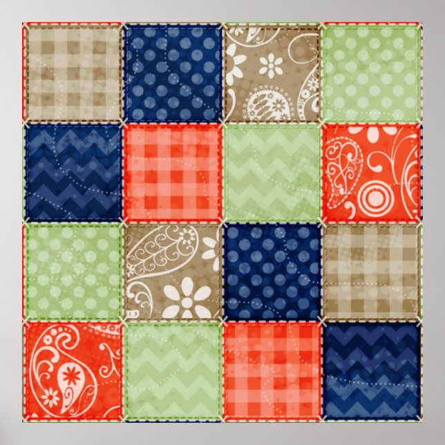 Orange, Blue, Brown and Sage Green Patchwork look Poster (Front)