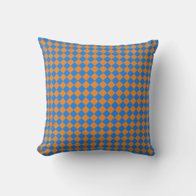 Orange Blue Chequered Diamond Pattern Cushion (Front)