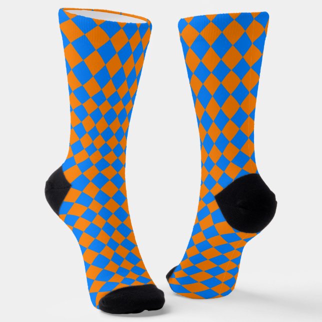 Orange Blue Chequered Diamond Pattern Socks (Angled)