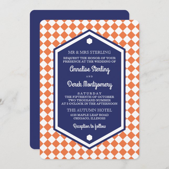Orange & Blue | Chequered Wedding Invitation (Front/Back)
