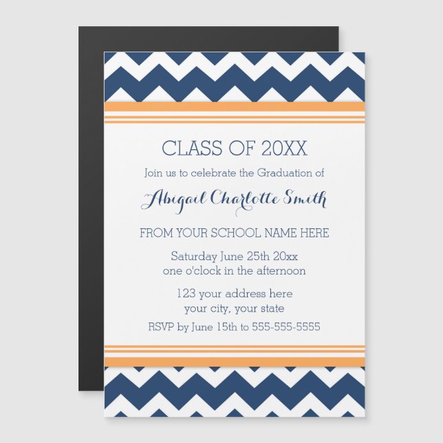 Orange Blue Chevron Graduation Party Magnetic Card (Front/Back)