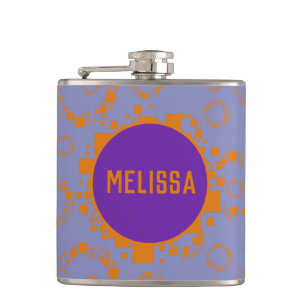 Orange blue circle squares pattern name dizzy art  hip flask