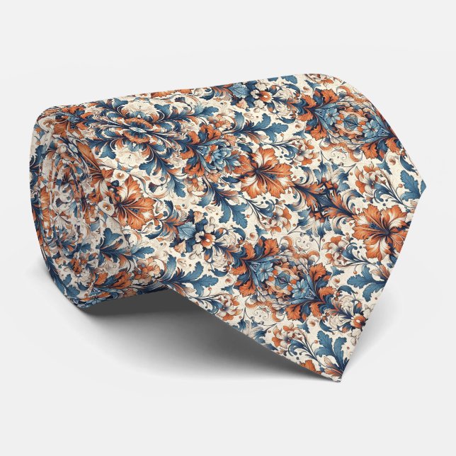 Orange, Blue & Cream Floral Pattern  Tie (Rolled)