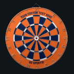 Orange & Blue Custom Text Sports Chicago Illinois Dartboard<br><div class="desc">Add your own text on the top and bottom (default "your custom text here" and "go sports!") to this orange dartboard with navy blue,  orange and white dartboard pattern design.  Great for sports fans in Chicago,  Illinois.</div>