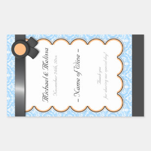 Orange & Blue Damask Wedding Wine Bottle Labels