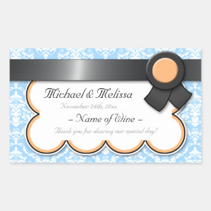 Orange & Blue Damask Wedding Wine Bottle Labels