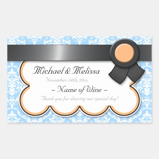 Orange & Blue Damask Wedding Wine Bottle Labels (Front)
