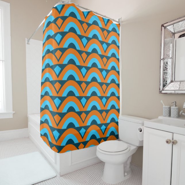 Orange Blue Diamond Geometric Pattern Shower Curtain (In Situ)
