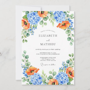 Orange Blue Floral Spring Wedding Invitation