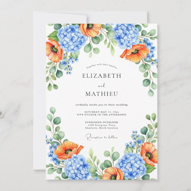 Orange Blue Floral Spring Wedding Invitation (Front)