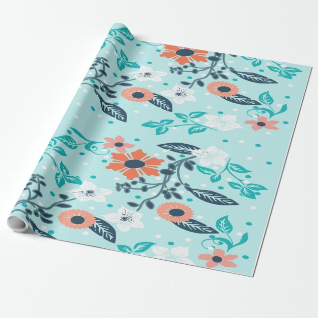 Orange Blue Floral Wrapping Paper (Unrolled)
