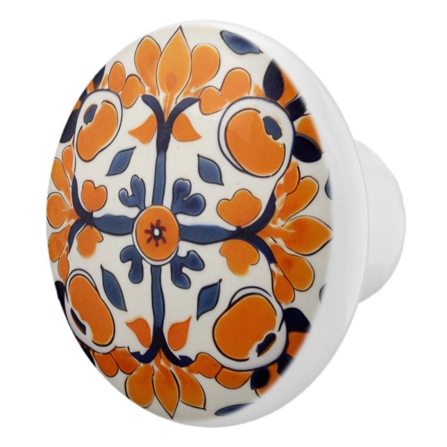 Orange Blue Geometric Cross Abstract Mediterranean Ceramic Knob (Right)