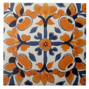 Orange Blue Geometric Cross Abstract Mediterranean Tile