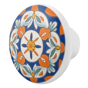 Orange & Blue Geometric Floral Mediterranean Ceramic Knob