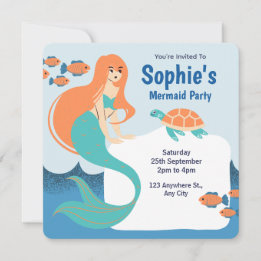 Orange Blue Girls Mermaid Birthday Party Invitation