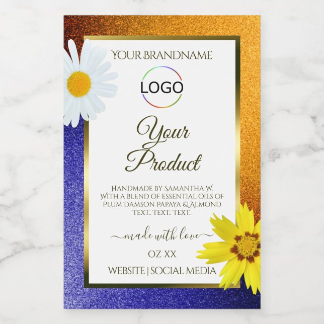 Orange Blue Glitter White Product Labels with Logo (Single Label)