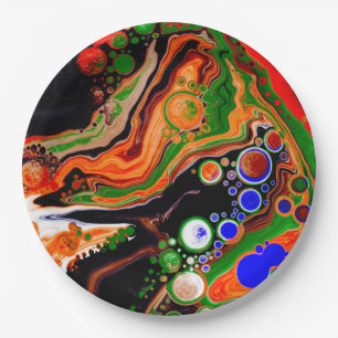 Orange, Blue, Green, Black Digital Fluid Art  Paper Plate