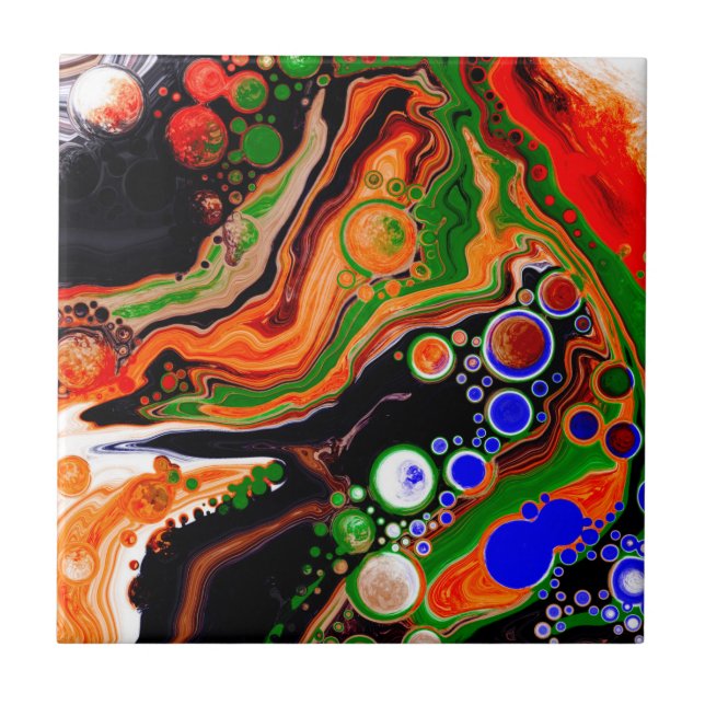 Orange, Blue, Green, Black Digital Fluid Art   Tile (Front)