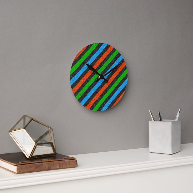 Orange, Blue, Green, Black Glitter Striped STaylor Round Clock (Office)