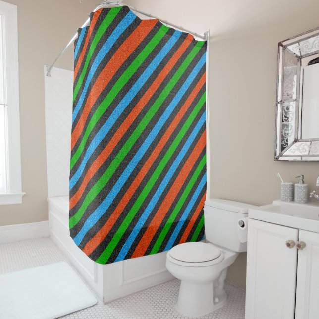 Orange, Blue, Green, Black Glitter Striped STaylor Shower Curtain (In Situ)