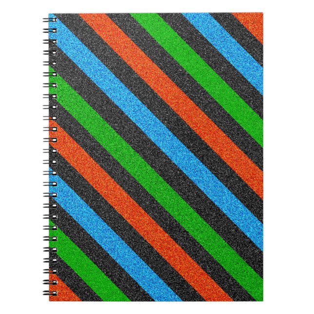 Orange, Blue, Green, Black Glitter Striped STaylor Spiral Notebook (Front)