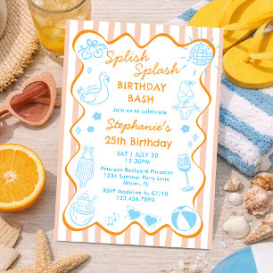 Orange Blue Hand Drawn Summer Pool Party Birthday Invitation